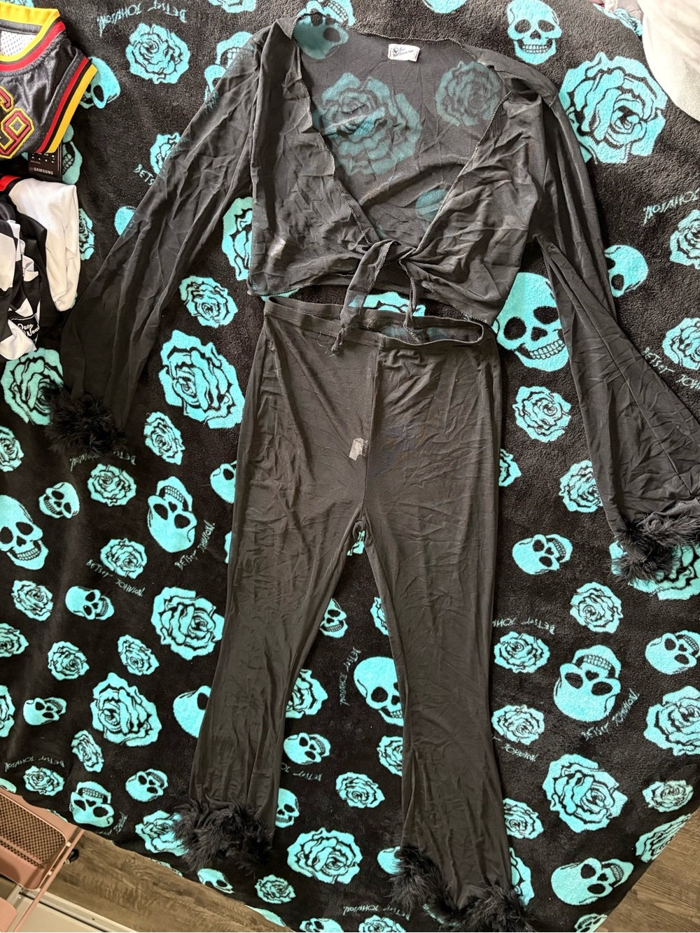 Black Feather-Trim Wide Leg Pants & Wrap Crop Top Set